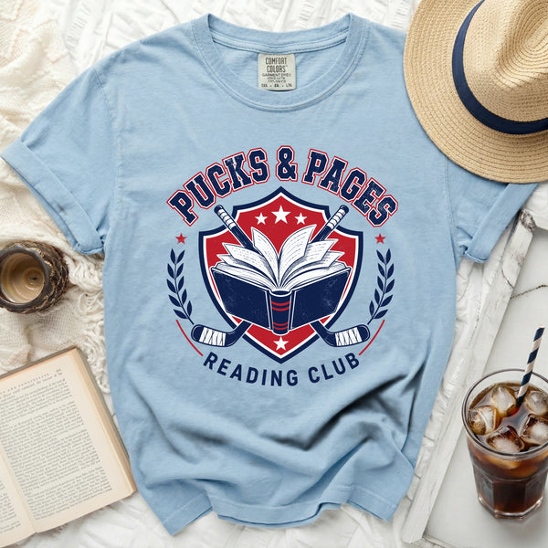 Pucks & Pages Reading Club Hockey Tee in Chambray