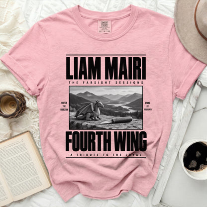 Pink t-shirt with black text: Liam Mairi, The Farsight Sessions, Fourth Wing, and a dragon illustration.