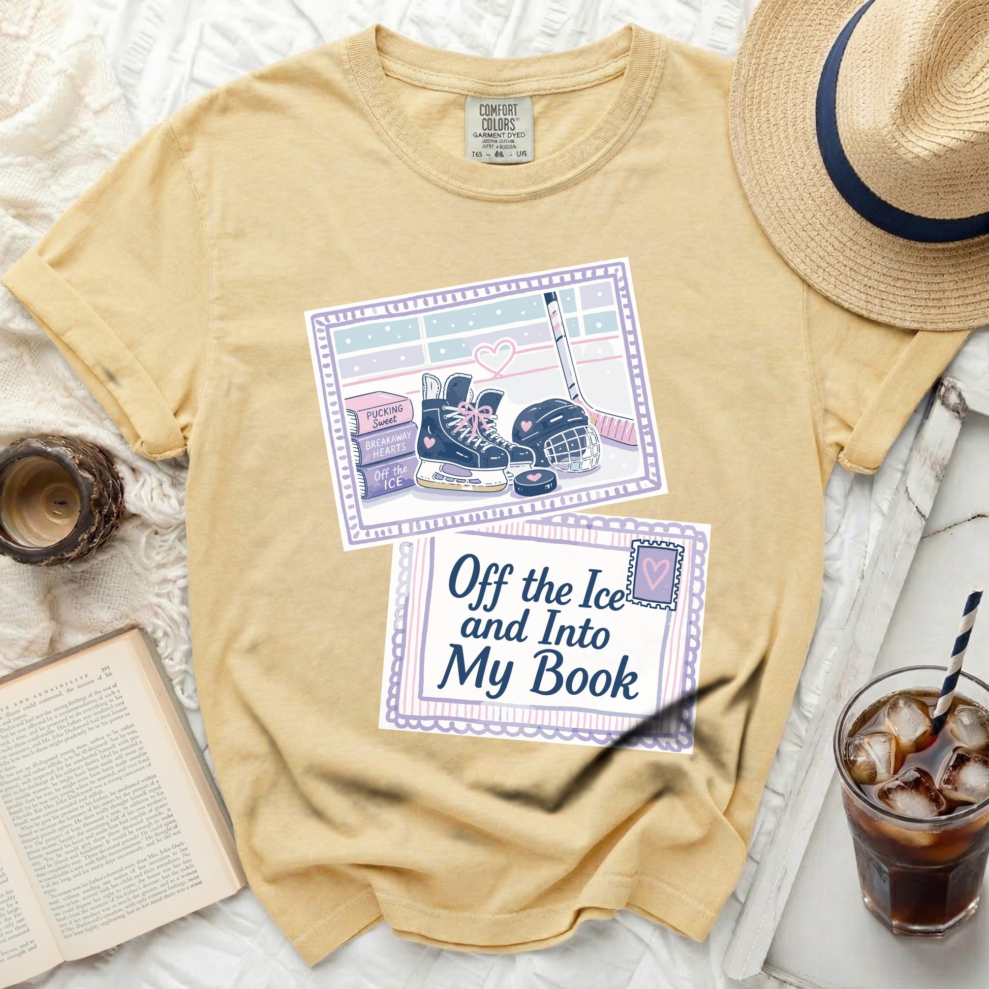 Yellow t-shirt with hockey graphic and "Off the Ice and Into My Book" text.