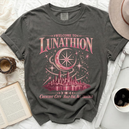 Gray t-shirt with "Welcome to Lunathion Crescent City Half-Fae, All Trouble" graphic.