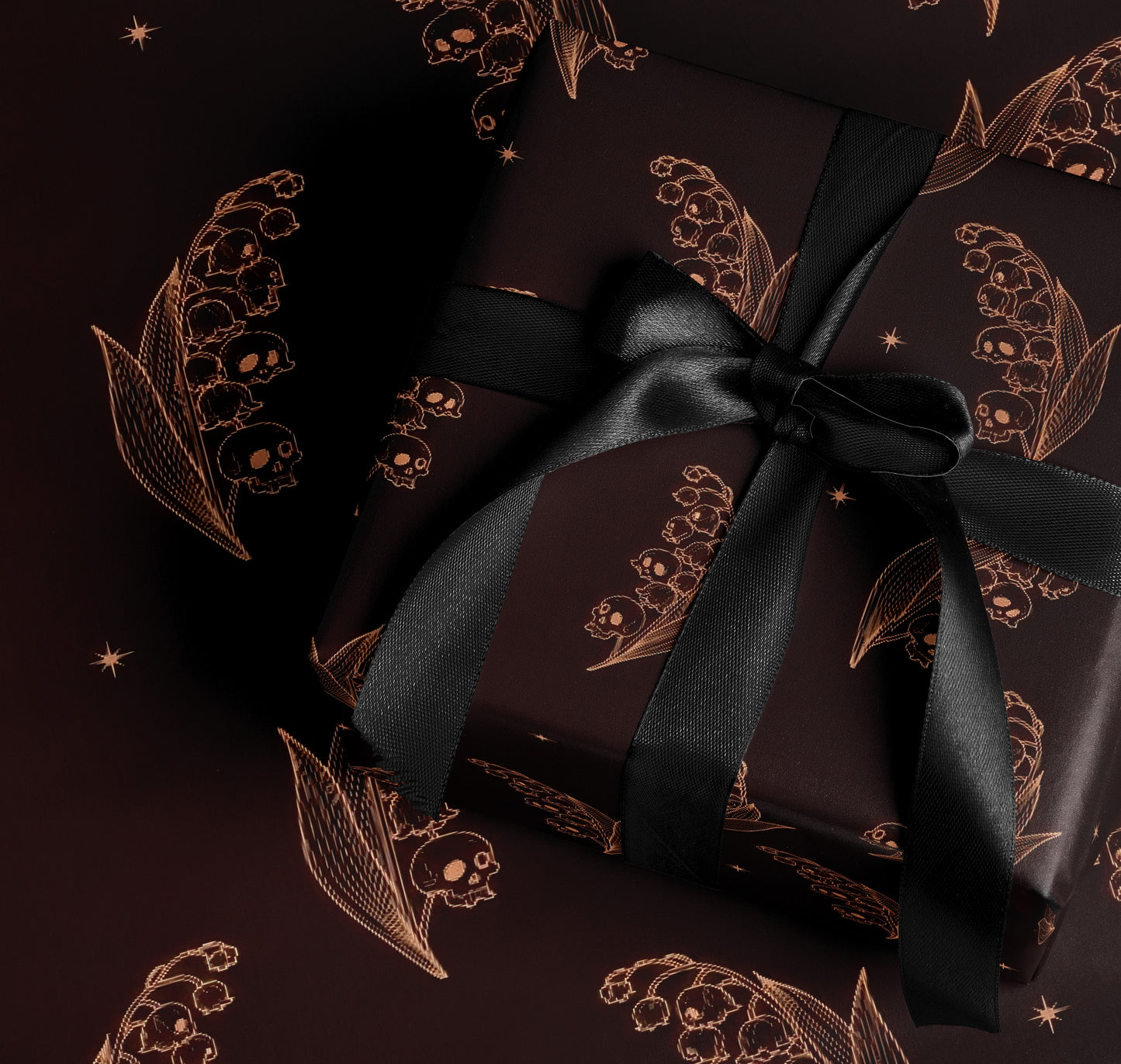 Elegant Black Wrapping Paper with Floral Skull Design