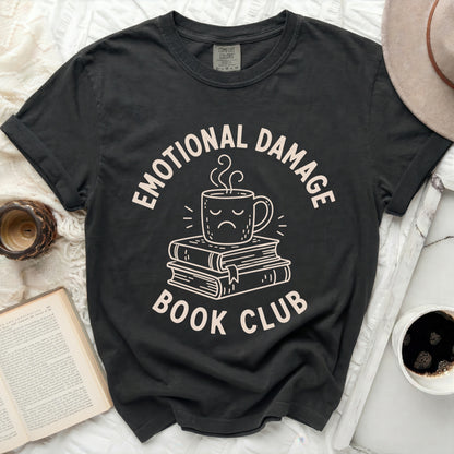 Dark t-shirt with "Emotional Damage Book Club" and a sad coffee cup graphic.