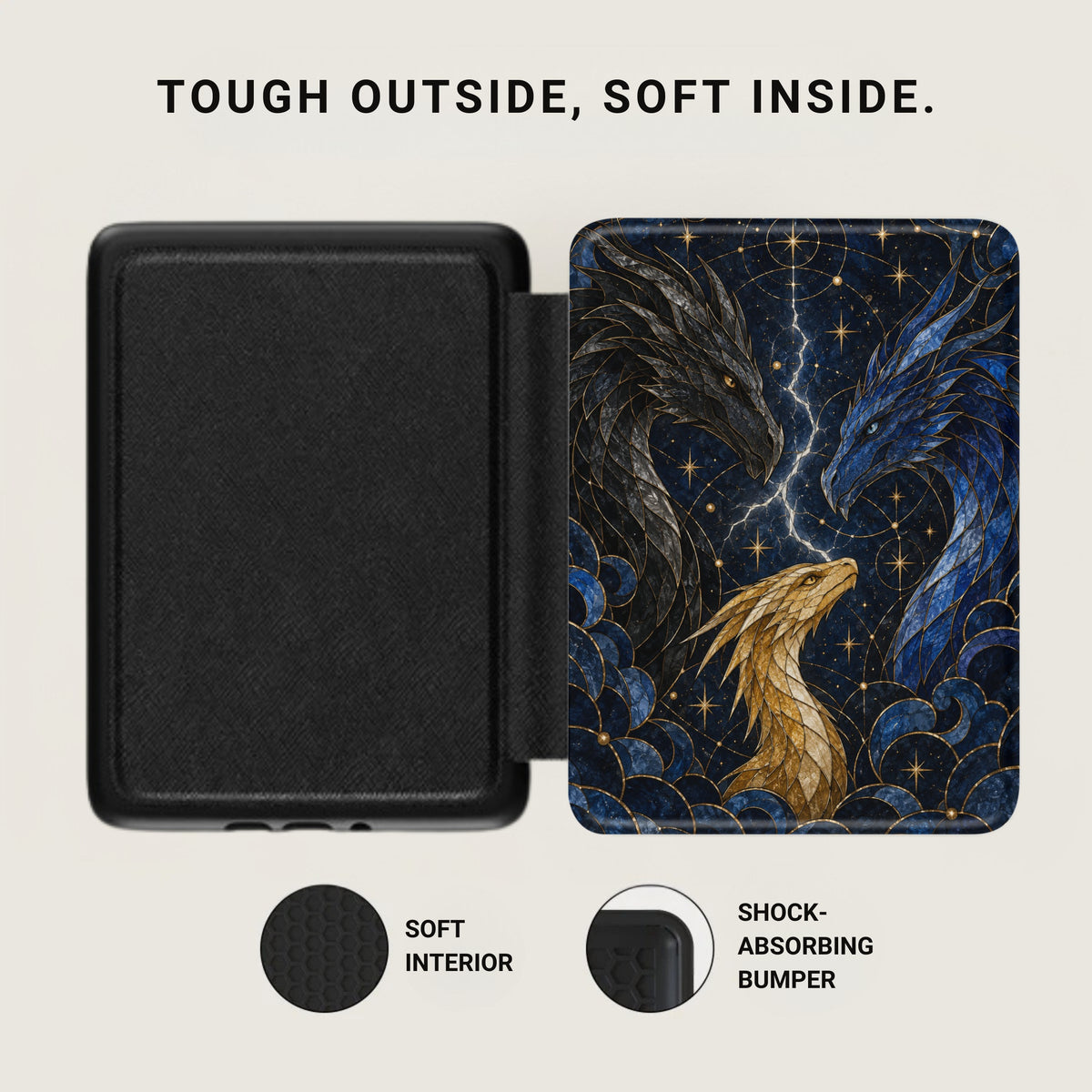 Case open showing black interior and cover with three dragons and lightning.
