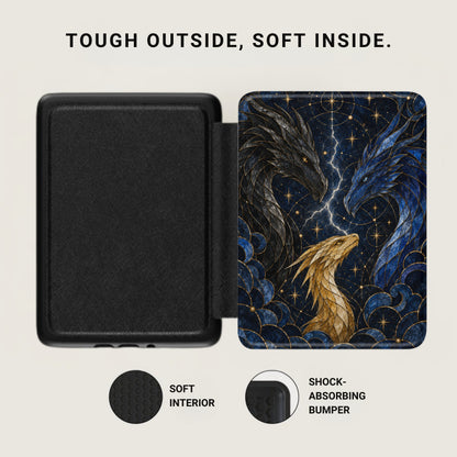 Case open showing black interior and cover with three dragons and lightning.