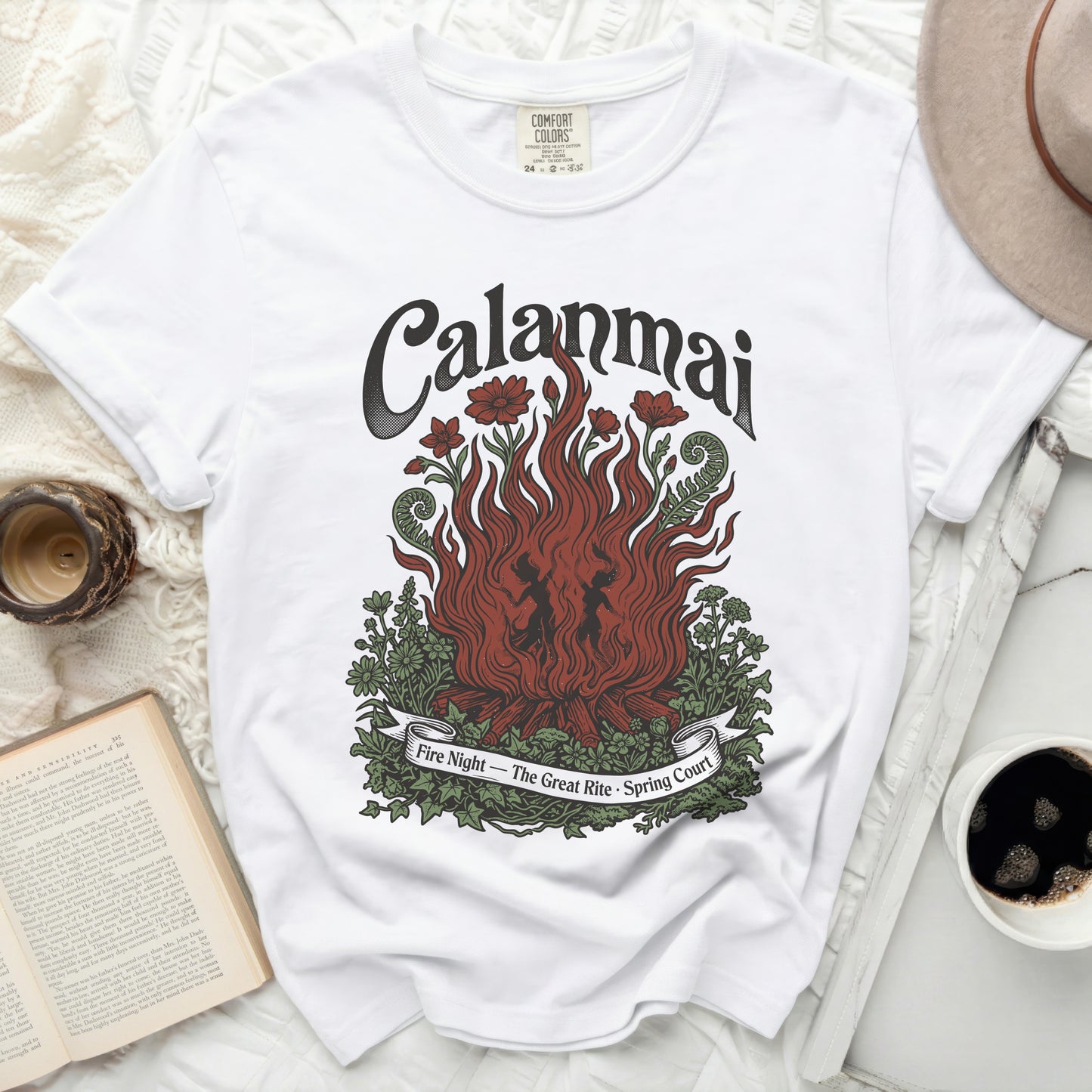 White t-shirt with "Calanmai Fire Night – The Great Rite – Spring Court" graphic.