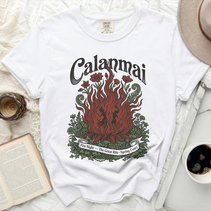 White t-shirt with "Calanmai Fire Night – The Great Rite – Spring Court" graphic.