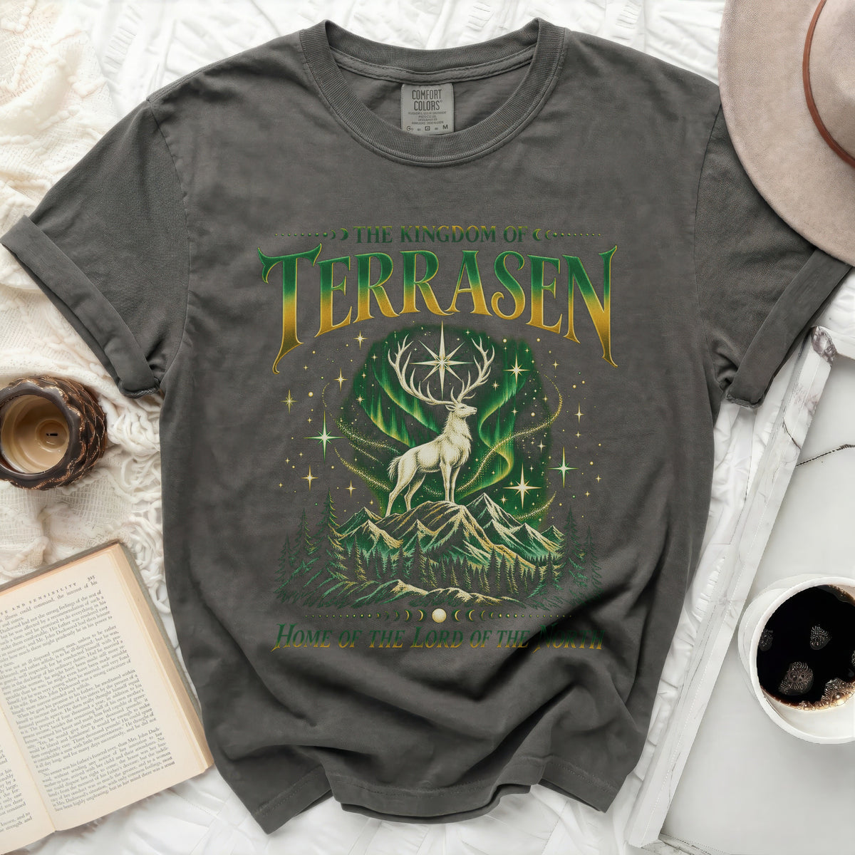 Dark grey t-shirt with "The Kingdom of Terrasen Home of the Lord of the" and a stag design.