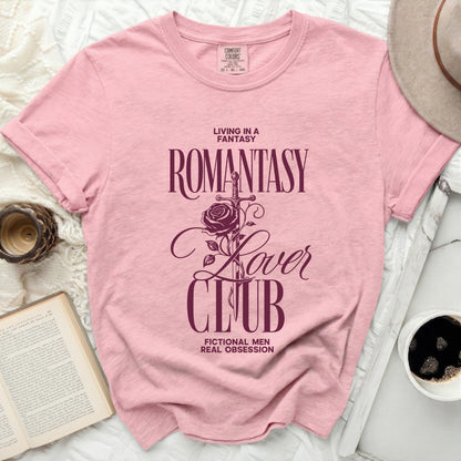 Pink t-shirt with "Romantasy Lover Club" graphic and sword and rose.