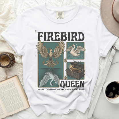 White t-shirt with "Firebird Queen" graphic featuring a phoenix, swan, and chest.