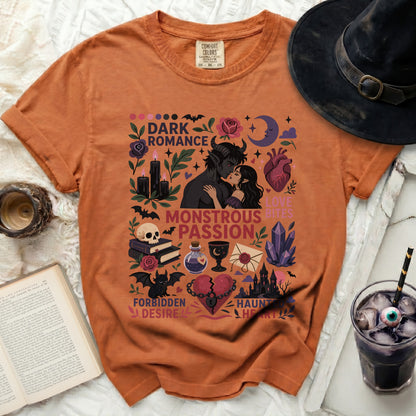 Dark Romance graphic t-shirt with gothic symbols and text.