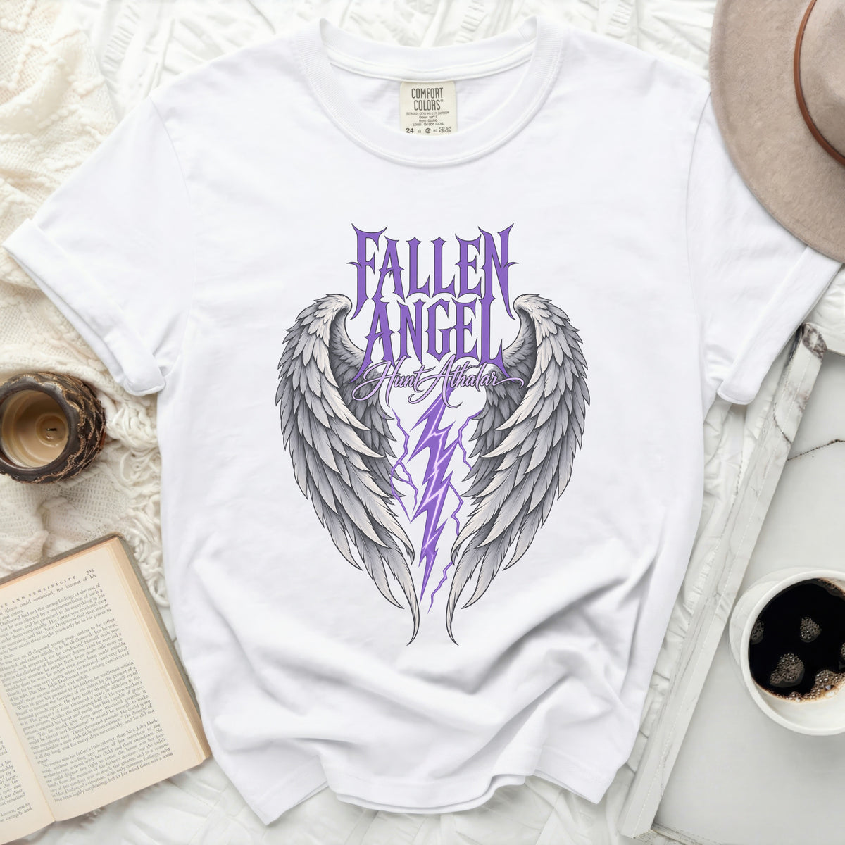 White t-shirt with "Fallen Angel" text and angel wings graphic.