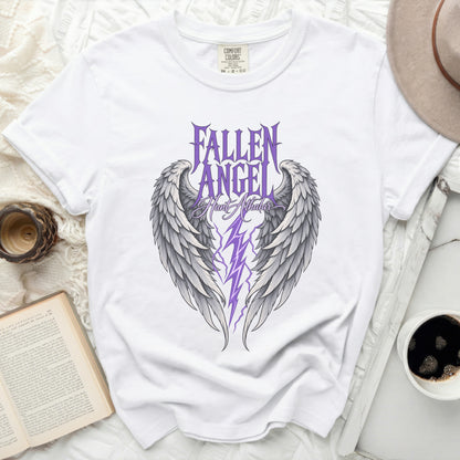 White t-shirt with "Fallen Angel" text and angel wings graphic.