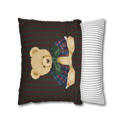Charming Teddy Bear with Plaid Bow and Stripes Pillow