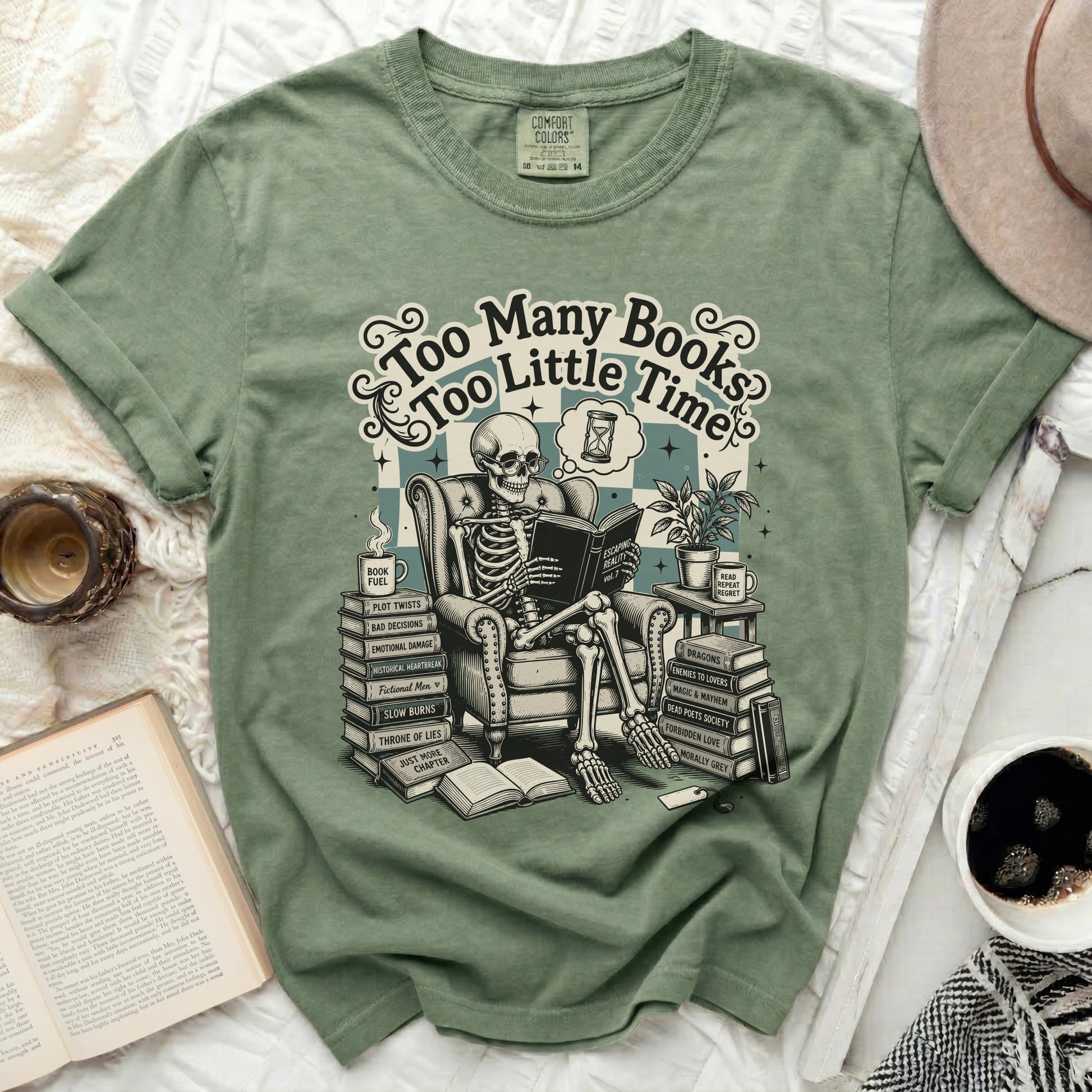 Skeleton reading surrounded by books with "Too Many Books Too Little Time" text.