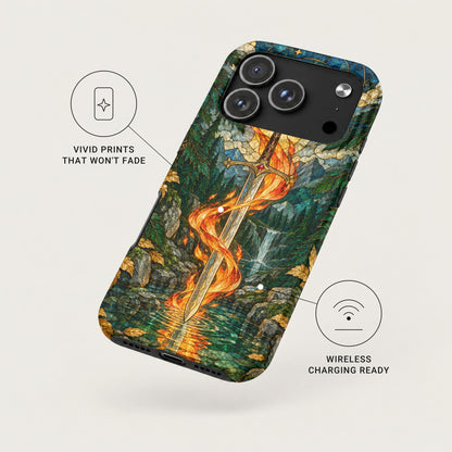 iPhone case with a stained glass style fantasy sword graphic, featuring callouts for vivid prints and wireless charging.