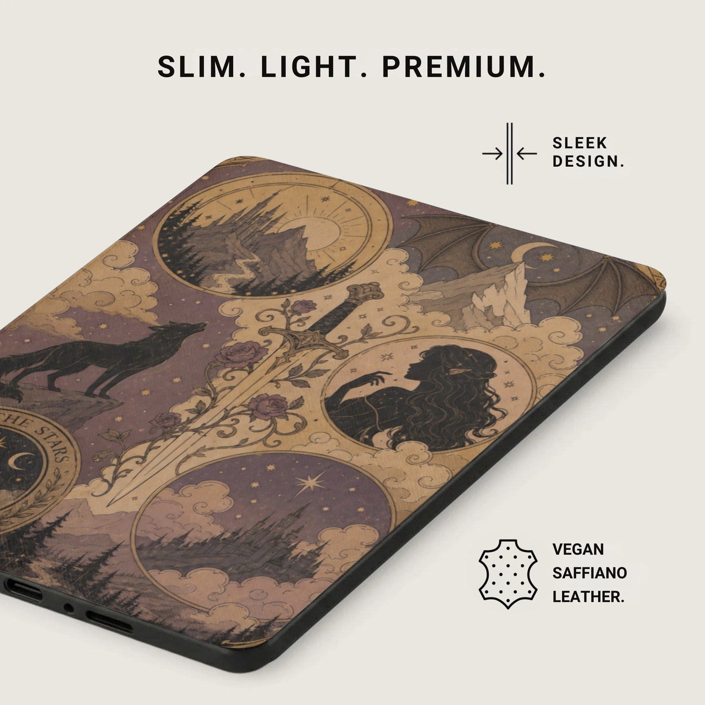 Case with fairy tale art: wolf, sword, castle, bat wings, and elf silhouette.