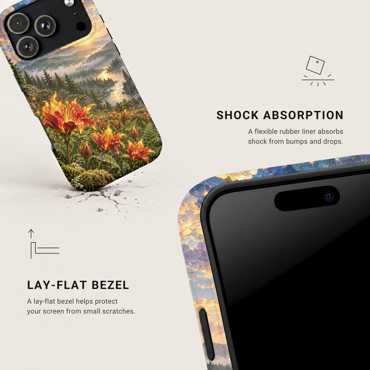 Two views of a smartphone case highlighting its shock absorption and protective lay-flat bezel features.