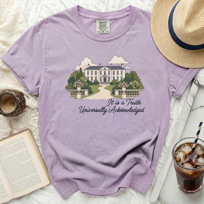 Lavender Comfort Colors tee with illustration of a mansion and the text "It is a Truth Universally Acknowledged".