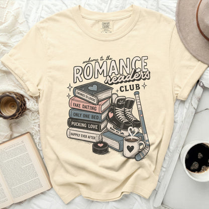 Romance readers club shirt with book titles and hockey skates.