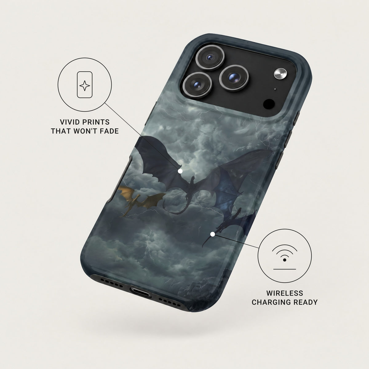 An angled black phone case featuring a cloudy sky with dragons and lightning, highlighting vivid prints and wireless charging.