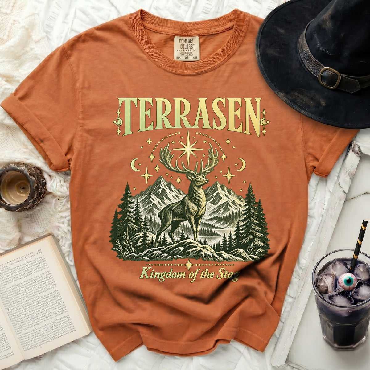Terrasen Kingdom of the Stag graphic tee with deer, mountains, and stars.