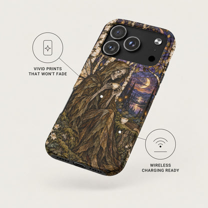 Phone case featuring fantasy art of a robed skeleton drinking tea, with callouts for fade-resistant prints and wireless charging.