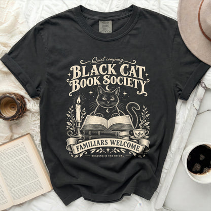 Black t-shirt with "Black Cat Book Society" and cat graphic.