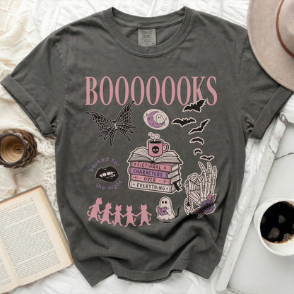 Gray t-shirt with pink text "BOOOOOOKS" and Halloween-themed book illustrations.