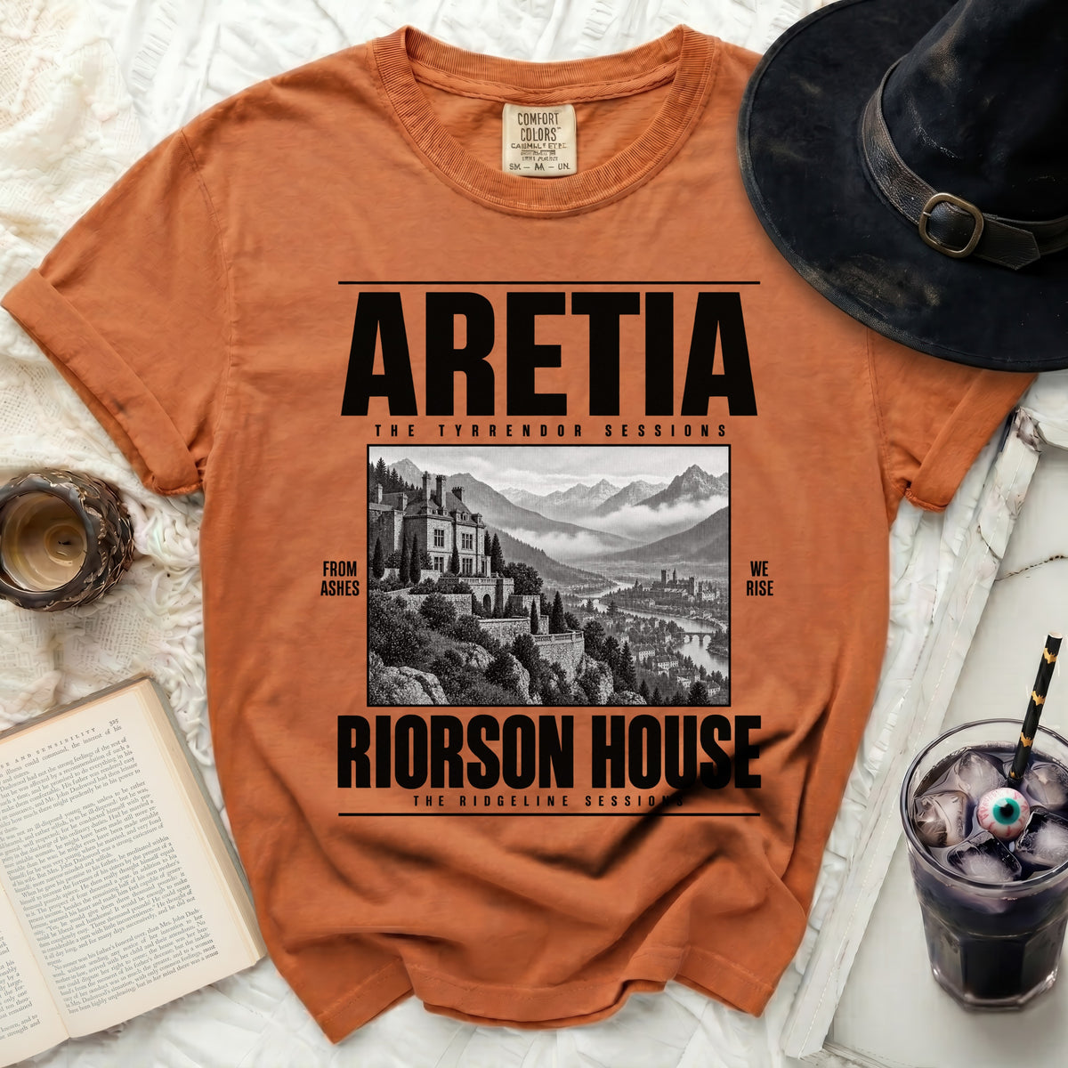 Orange t-shirt with black graphic: ARETIA, THE TYRRENDOR SESSIONS, RIORSON HOUSE.