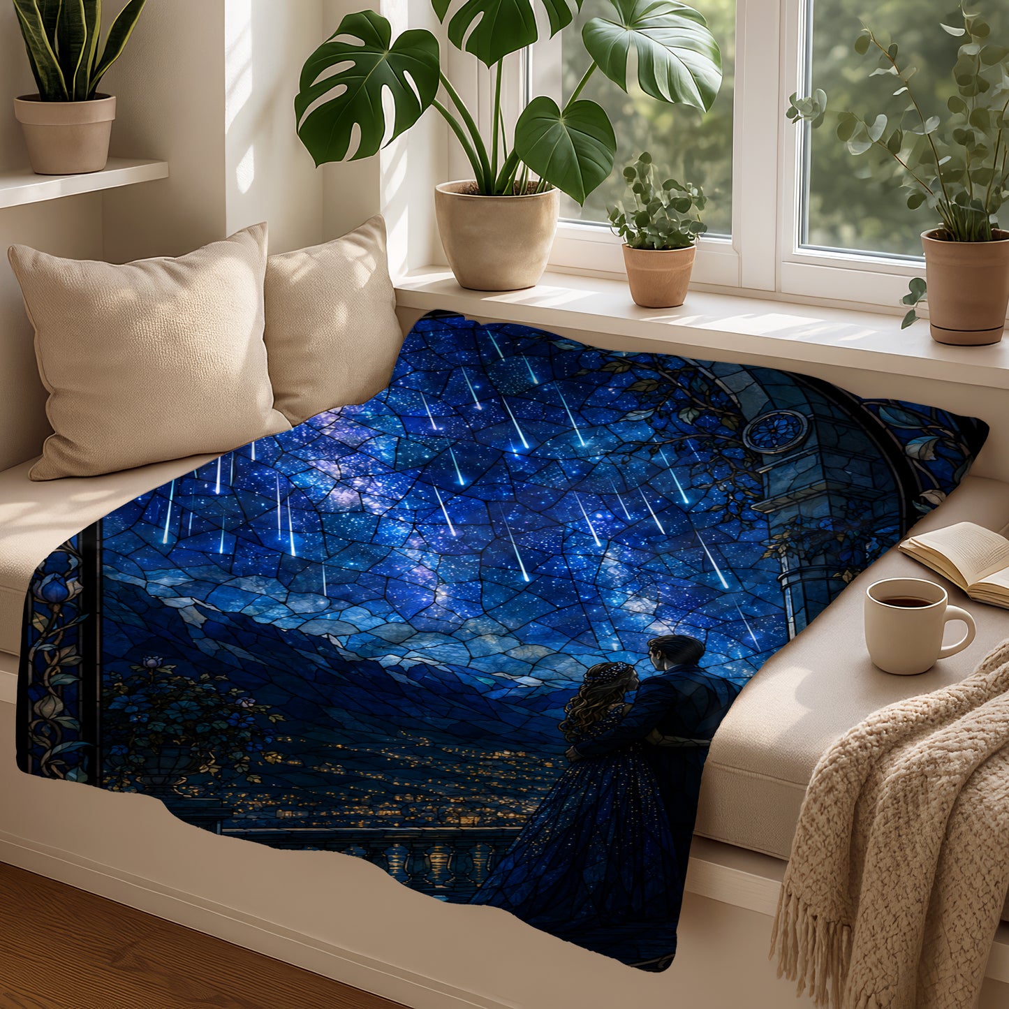 Blanket with a stained-glass design of a couple watching a starry night with shooting stars.