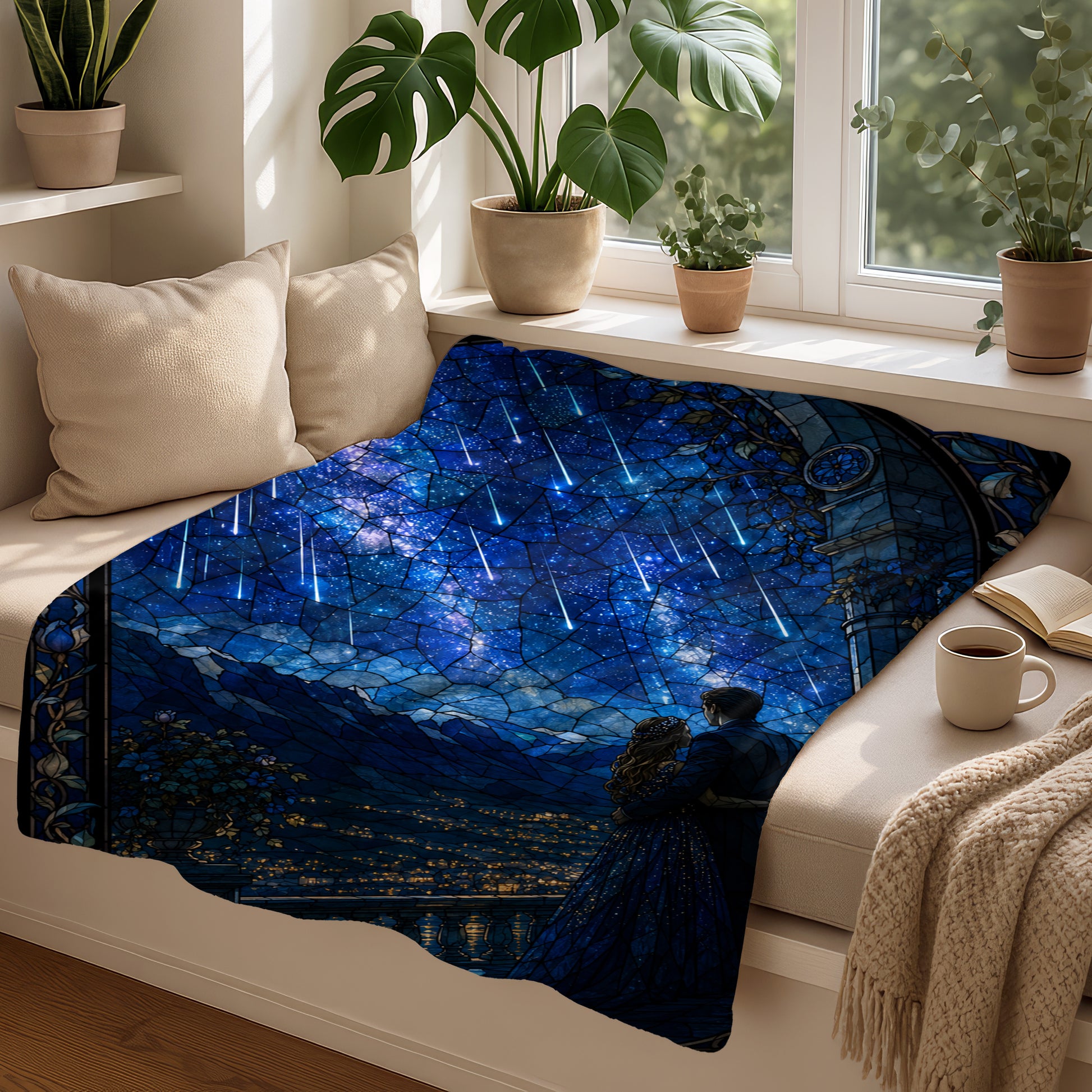 Blanket with a stained-glass design of a couple watching a starry night with shooting stars.