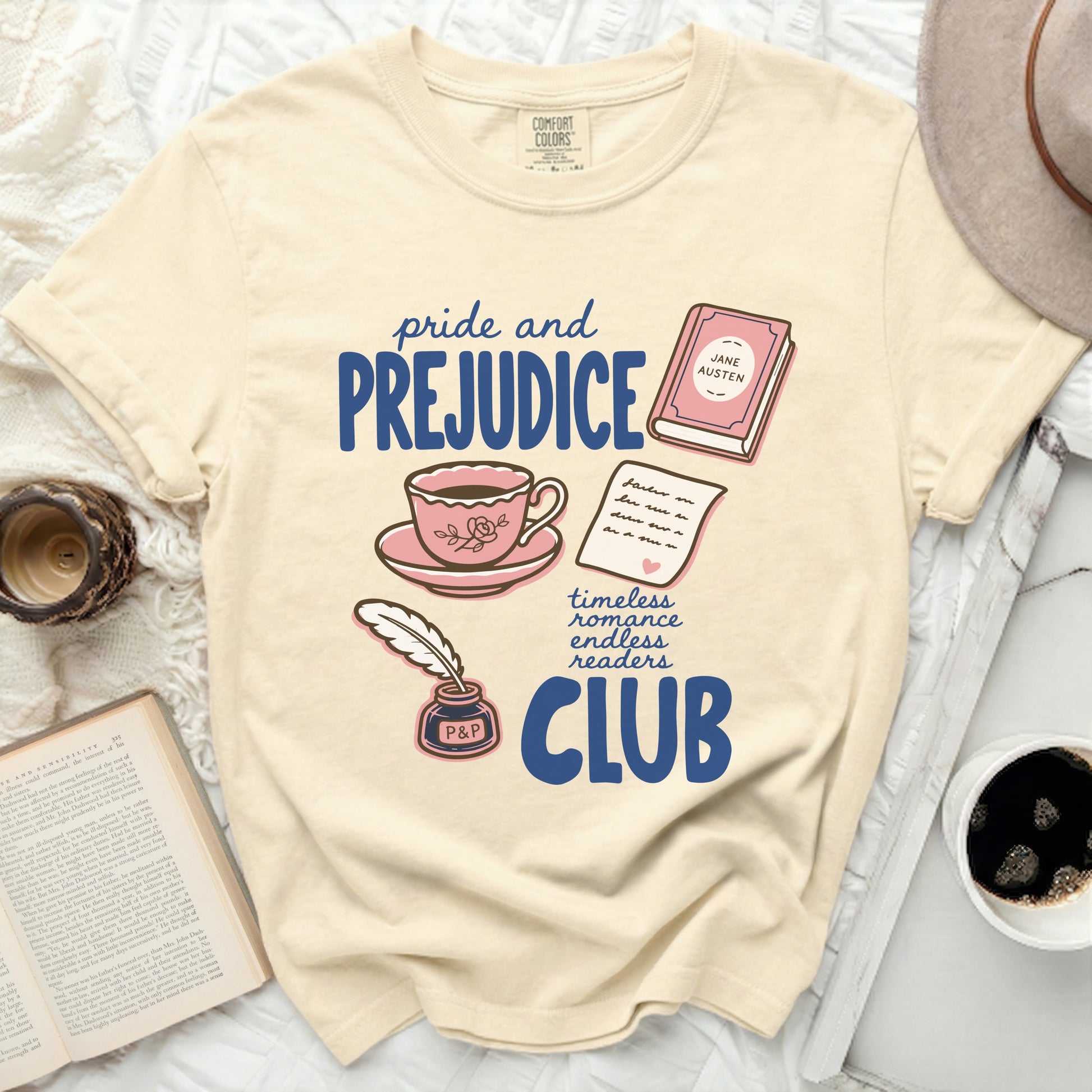 Pride and Prejudice "timeless romance endless readers CLUB" t-shirt.