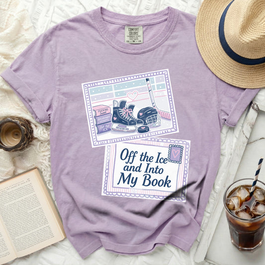 Purple t-shirt with ice skating graphic and text "Off the Ice and Into My Book".