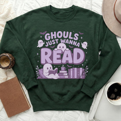 Green sweatshirt with "Ghouls Just Wanna Read" text and ghost graphics.