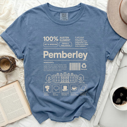 Blue t-shirt with "Pemberley" and Austen Element ingredients design.