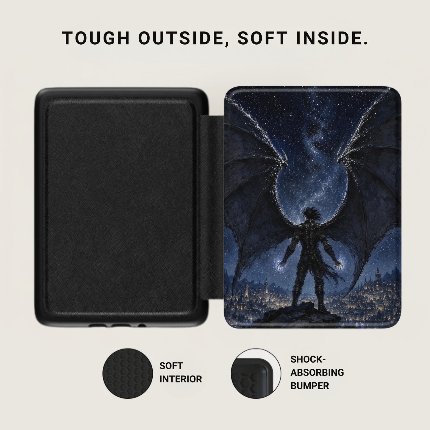 Black case with soft interior and a winged figure over a city.