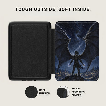 Black case with soft interior and a winged figure over a city.