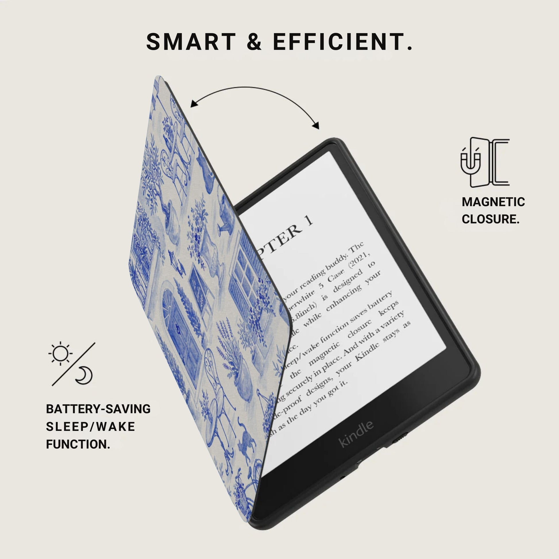 Kindle e-reader with a blue and white toile-patterned case, magnetic closure, text.
