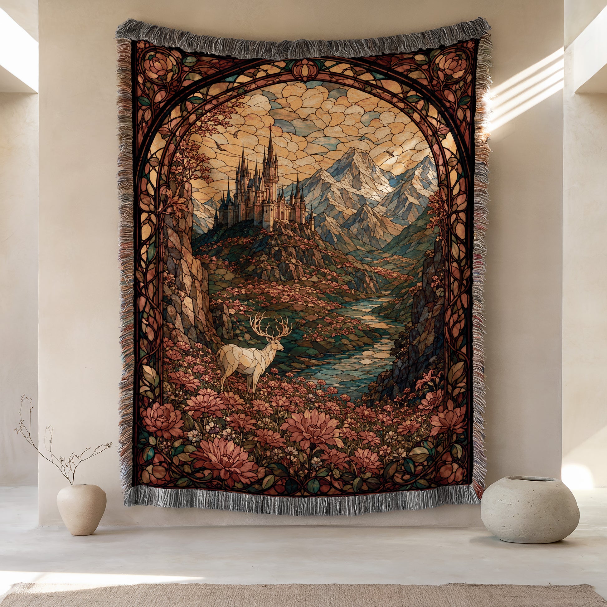 a large tapestry hanging on a wall, depicting a serene landscape with a castle, mountains, and a deer in the foreground. The tapestry is framed by an ornate border and has a vibrant color palette, creating a visually striking and detailed scene.