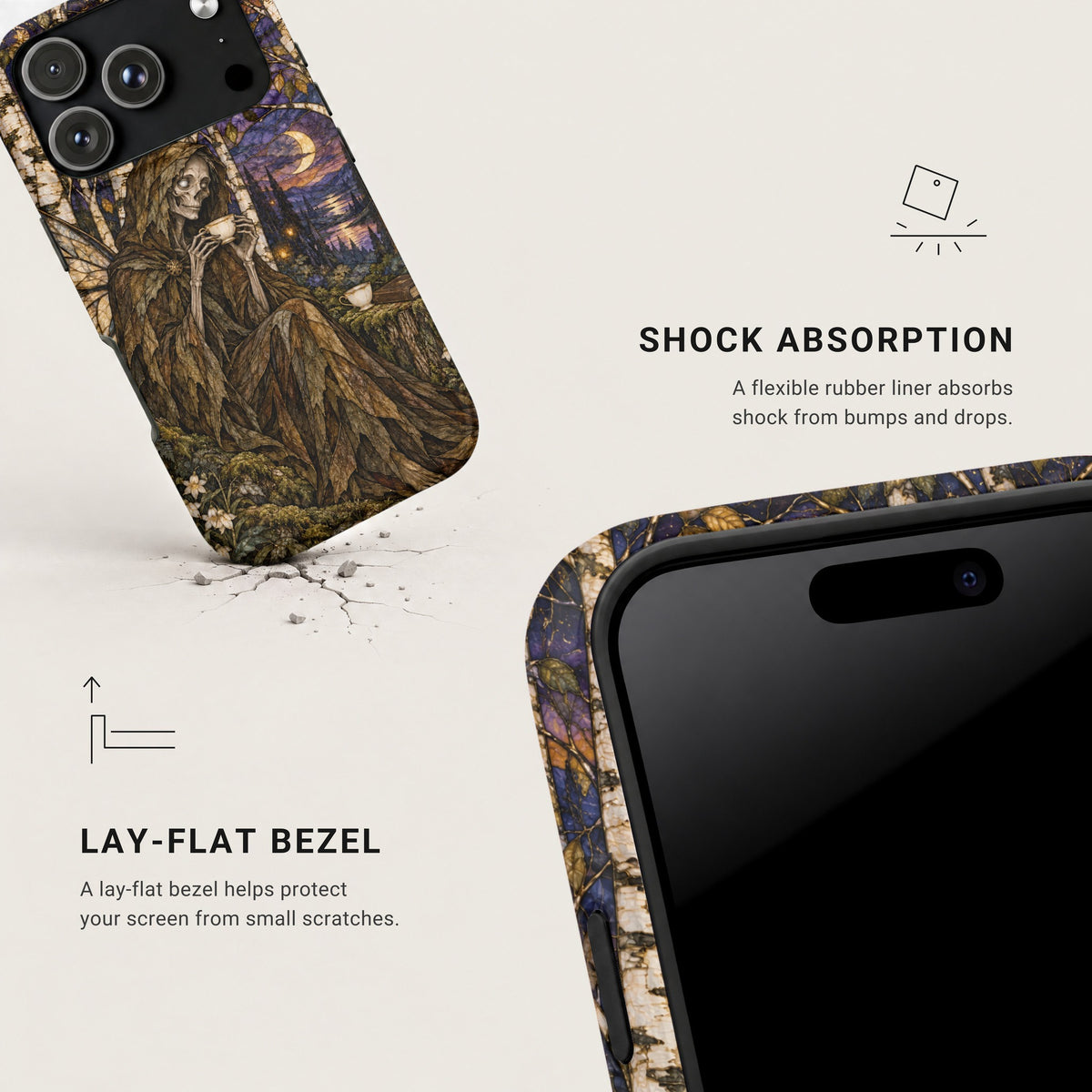 Two views of a phone case featuring a stained glass grim reaper illustration, highlighting shock absorption and lay-flat bezel features.