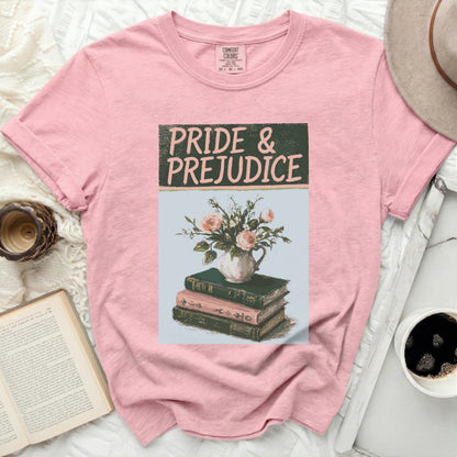 Pink t-shirt with "Pride & Prejudice" text and floral book graphic.