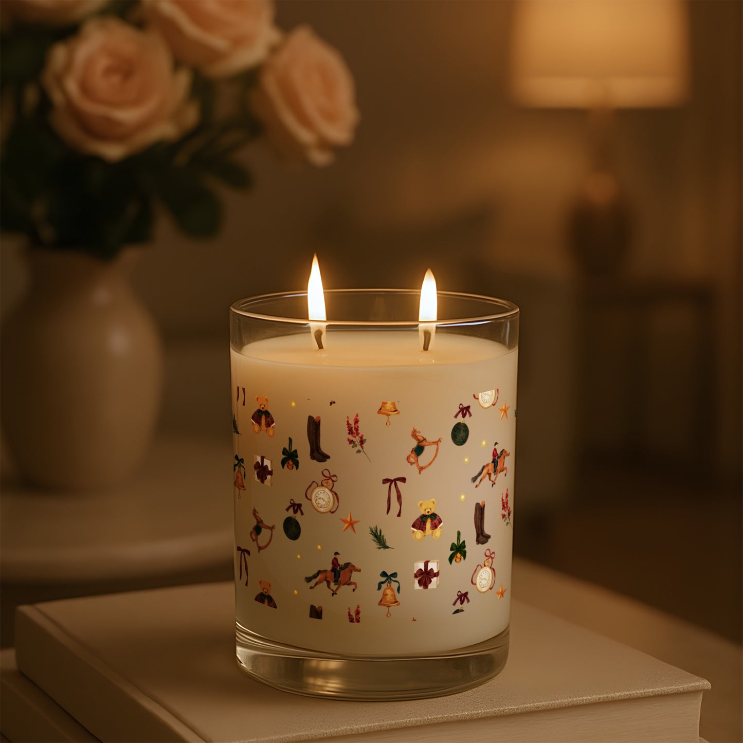 Scented candle with festive illustrations for cozy ambiance