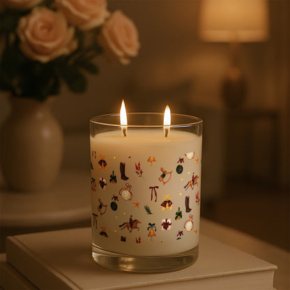 Scented candle with festive illustrations for cozy ambiance