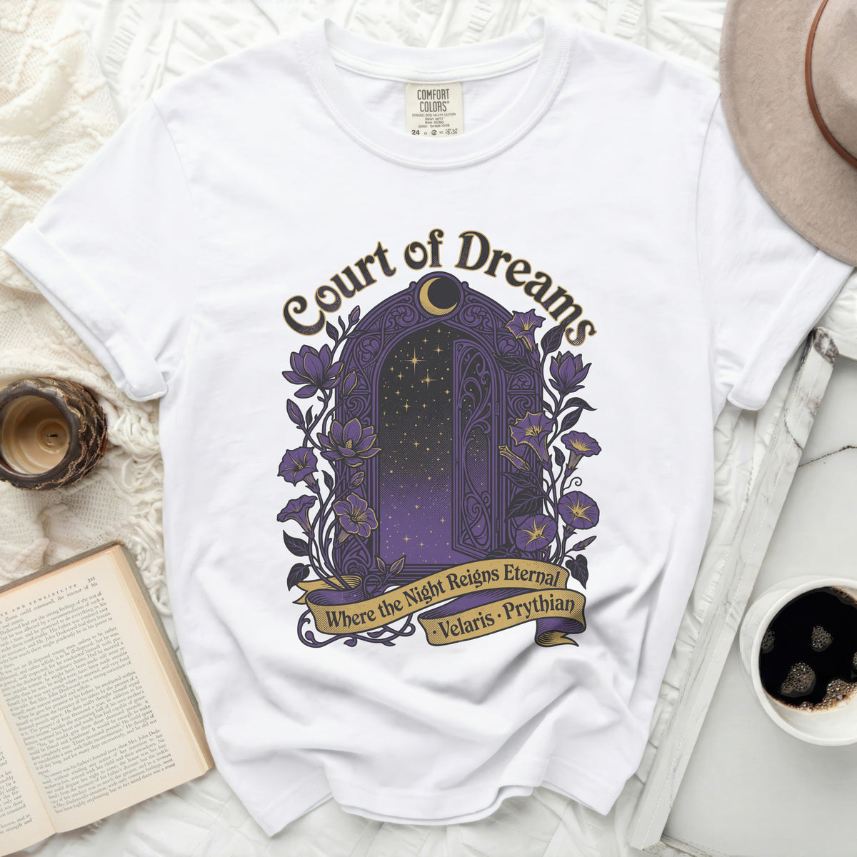 White t-shirt with "Court of Dreams" and archway design