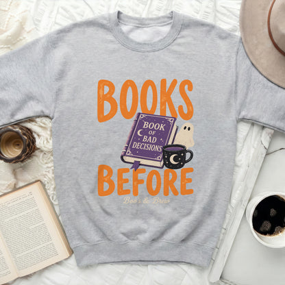 Grey sweatshirt with "Books Before Boo's & Brew" Halloween graphic.