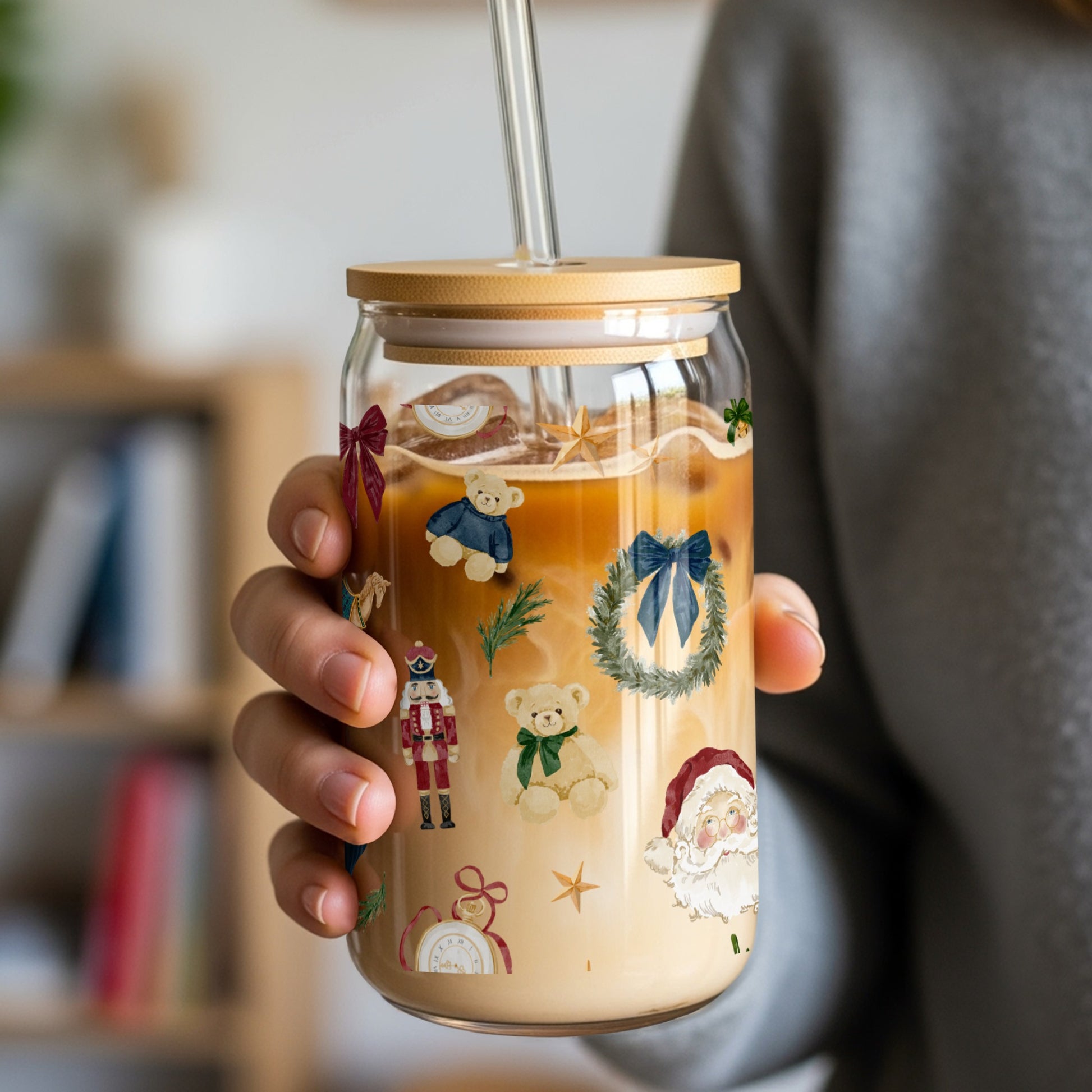Festive Christmas Jar With Straw For Holiday Drinks