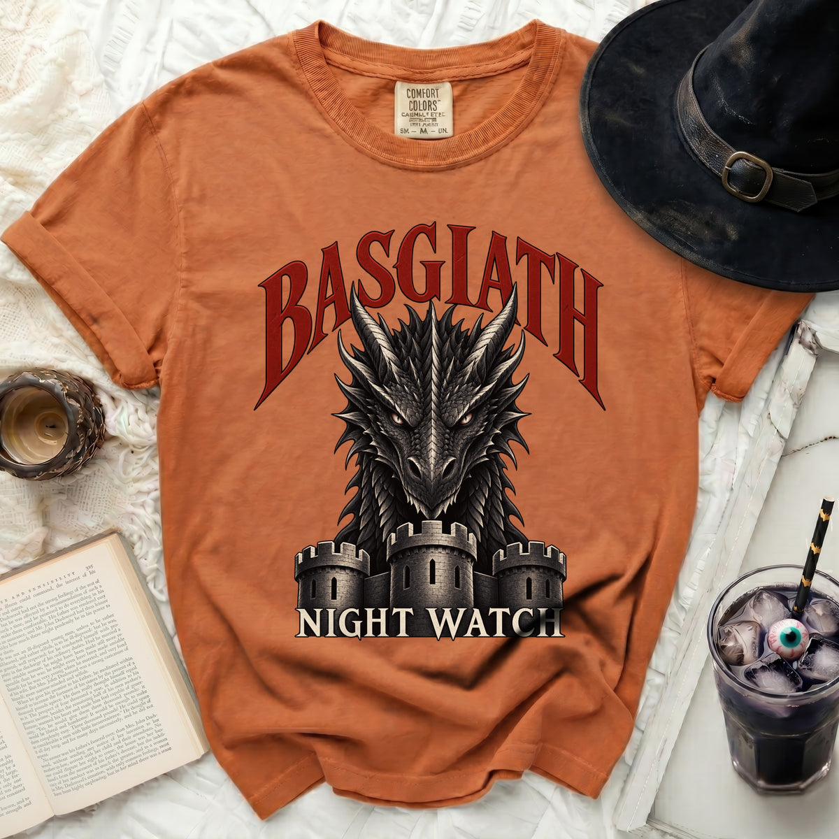 Orange t-shirt with "BASGIATH NIGHT WATCH" and a dragon over castle design.