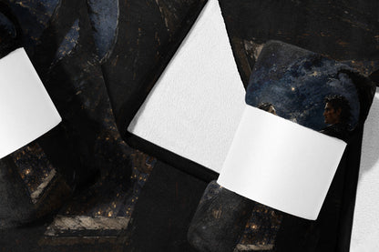 Fabric draped over three white surfaces with a dark, painterly scene.