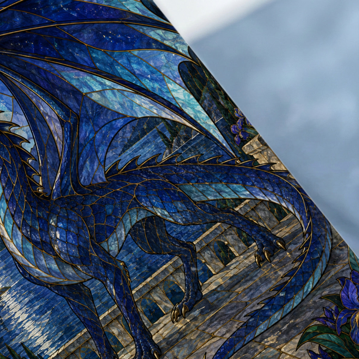 Stained glass dragon with blue tones and gold accents, against a stone architectural background.