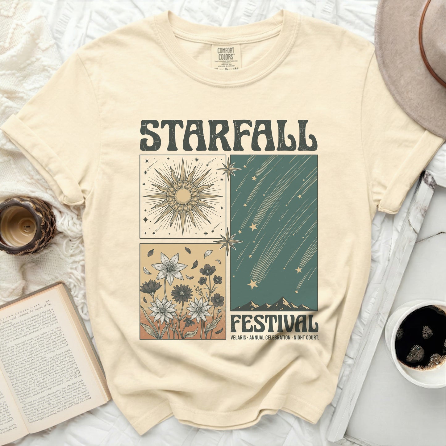 Cream Comfort Colors t-shirt with Starfall Festival graphic and desert flowers.